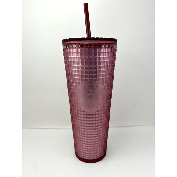 Starbucks Venti Dusty Rose Pink Shimmer Grid Tumbler 24oz‎ Cold Cup 2022 Berry - Picture 1 of 10